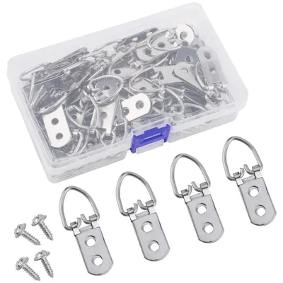 Produktbild von Bilderaufhänger, Bilderrahmen mit D-Ring, Doppellöcher, Aufhängung mit D-Ring und Schrauben, silberfarben, Metall, 50 Stück