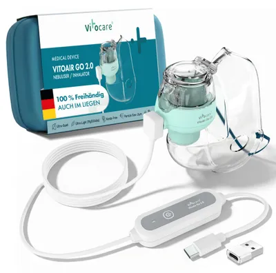 Produktbild von vitocare VITOAIR Go 2.0 Inhaliergerät mit 2 Masken inkl. Reisebox