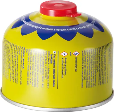 A yellow gas canister with a red cap and blue accents.