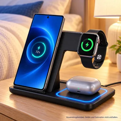 Produktbild von 3in1 Ladestation faltbar für Samsung & iPhone – 15W Wireless Charger für Galaxy Watch, Buds, Apple Watch & AirPods