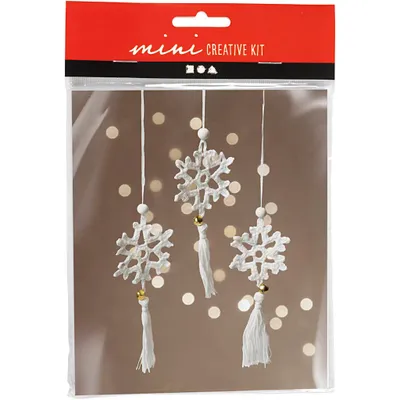 A product packaging containing a craft kit for making snowflake ornaments.