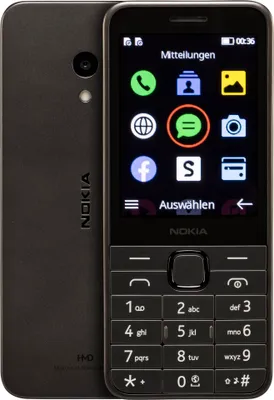 A close-up, front and back view of a black Nokia feature phone.