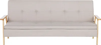 Produktbild von BELIANI 3-Sitzer Sofa Beige Stoff Gesteppt Helle Holzbeine mit Schlaffunktion Hohen Armlehnen Skandi Retro-Stil Wohnzimmer Schlafsofa Sofabett