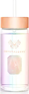 Imagen del producto de Botella de vidrio CRYSTALLOVE con cuarzo rosa y pajita, 400 ml, con holograma