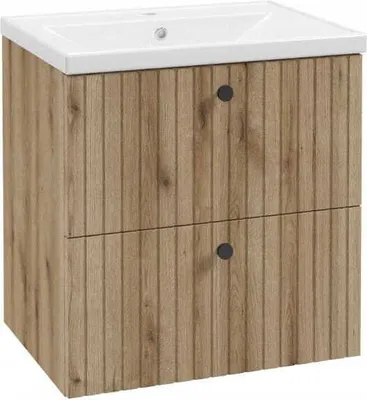 Produktbild von Badezimmerschrank mit Waschbecken 60 cm evoke Eiche geriffelte Lamellen Rietti