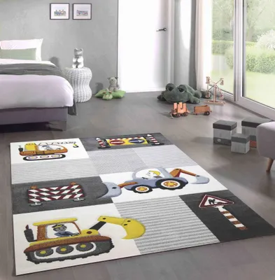 Obrázek produktu pro Hrací koberec do dětského pokoje staveniště dopravní značky bagr jeřáb krémově šedá žlutá velikost - 200 x 290 cm