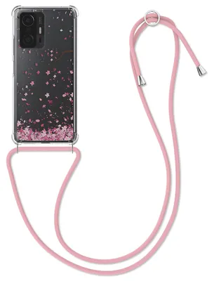 Produktbild von kwmobile Necklace Case kompatibel mit Xiaomi 11T / 11T Pro Hülle - Silikon Cover mit Handykette - Rosa Dunkelbraun Transparent Kirschblütenblätter