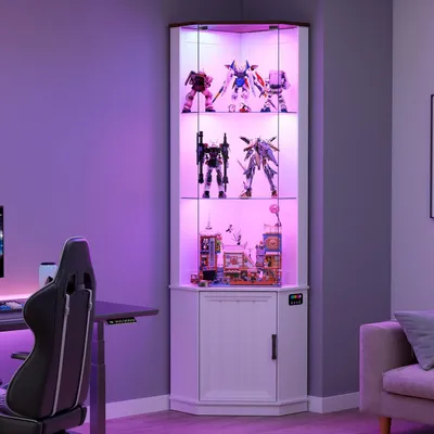 Productafbeelding van Glazen vitrine, 175 cm hoog, met 24 RGB-verlichting en sensoren, hoekvitrine met 3 glazen planken, wit