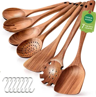 7-teiliges Teakholz-Küchenutensilien-Set mit Haken