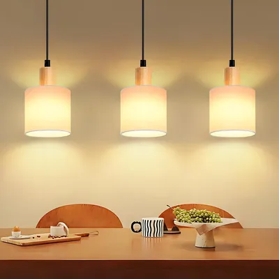 Zdjęcie produktu dla ZMH lampa wisząca drewniana biała lampa stołowa 3 płomienna lampa wisząca w stylu vintage E14 z kloszem z tkaniny do salonu restauracja sypialnia kuchnia