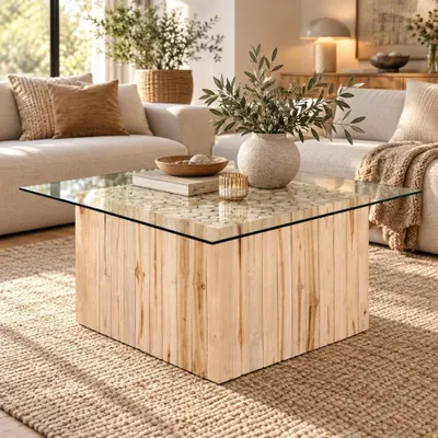Produktbild von Teak Couchtisch JEFF mit Glasplatte 70x70cm Massivholz