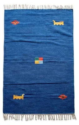 Produktbild von Dhurrie Teppich Blau A11 Baumwolle Gabbeh ca160x090cm Handgewebt Fransen Nomaden
