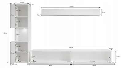 Zdjęcie produktu dla Meblościanka 3-elem. do salonu, biały mat/połysk słupek i szafka RTV 180 cm