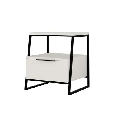 A modern white nightstand with a black metal frame and a single drawer, shown against a white background.