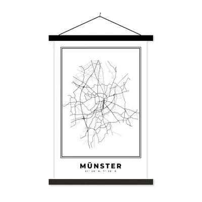 Produktbild von MuchoWow® Textilposter Karte - Münster - Schwarz-Weiß - Stadtplan 60x90 cm mit schwarzem Rahmen - Poster Wohnzimmer