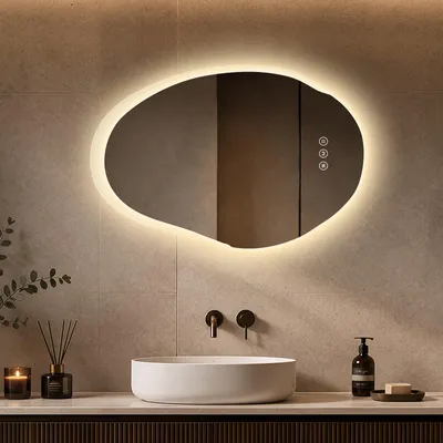 Immagine prodotto di S'AFIELINA Specchio Bagno LED 48 × 72 cm, Asimmetrico, Touch, Senza Cornice,3 colori di luce, dimmerabile, antiappannamento e memoria