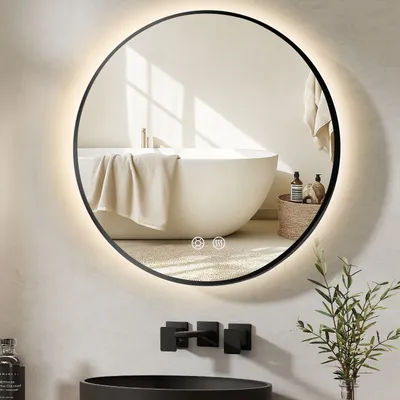 Produktbild von MCURO Runder Badezimmerspiegel 70 cm mit Beleuchtung, 3 einstellbaren Lichtfarben, beschlagfreier Lichtspiegel ohne Rahmen, Wandspiegel mit Touchschalter für Badezimmer