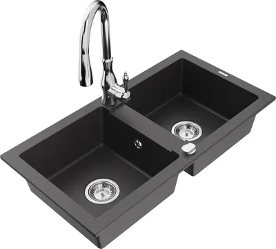 Produktbild von Mexen Mario 2-Becken-Granitspüle mit Mischbatterie Savita, Schwarz gesprenkelt - 6504-76-672601-00