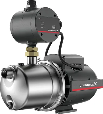 A studio shot of a Grundfos water pump with its control unit.