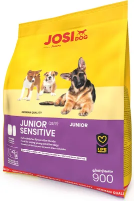 A bag of JosiDog Junior Sensitive dog food.