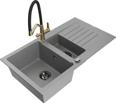 Produktbild von Mexen Matias 1,5-Becken-Granitspüle mit Abtropffläche und Mischbatterie Duo, Grau - 6502-71-671701-57-B