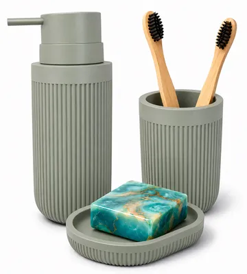 Image de Accessoires de salle de bain Relaxdays, lot de 3 pièces, porte-savon, distributeur de savon, gobelet à brosse à dents, polyrésine, ensemble d'accessoires de salle de bain, gris clair