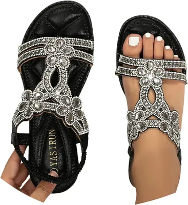 Produktbild von ASKSA Damen Glitzer Sandalen Sommer, Strass Sandalen Elegant Flach Schuhe, Schwarz, Groesse: 39