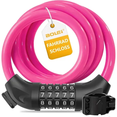 Image de Cadenas de vélo à code numérique, 12 mm, 120 cm, rose, étanche, antivol, câble à 5 chiffres