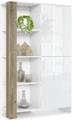 Produktbild von Vladon Highboard Canto,  Germany, hoher Schrank mit 2 Türen und 8 Fächern, Korpus Weiß matt, Fronten Weiß Hochglanz, Nachbildung-Paneele Eiche Ribbeck (95 x 151,5 x 36 cm)