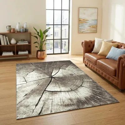 Image de Tapis design beige et gris, motif bois, motif circulaire, style moderne et élégant, pour le salon, dimensions : 120 x 170 cm