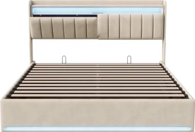 Produktbild von 140 x 200 cm großes Bett mit Stauraum, LED-Beleuchtung und USB-Ladeanschluss, Doppelbett mit Stauraum, Lattenrost, Samtbezug, Beige