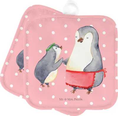 Produktbild von Mr. & Mrs. Panda Topflappen Pinguin mit Kind - Rot Pastell - Geschenk, topfhalter, Mutter, Set, Vorbild Mama, Ofenlappen, Muttertag, Topflappenset, Topfuntersetzer