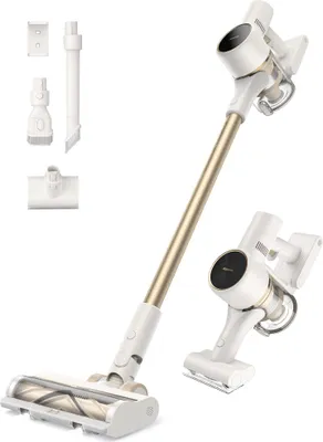 A white and gold cordless vacuum cleaner with various attachments, displayed against a white background.