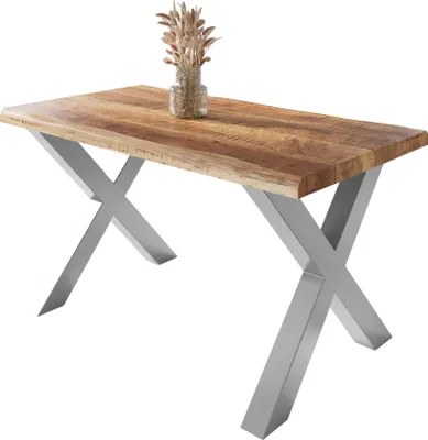 Produktbild von Esstisch Baumkante massiv Mango rough 160 x 85 X-Gestell silber ATLAS