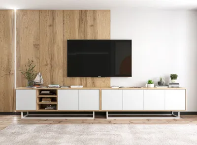 Produktbild von 2 Stk TV-Schrank Apollo + Apollo 2 TV Loft Style Weiße Metall Fußgestell Modern Lindner Möbel 300cm x 53cm x 35cm Farbe: Wotan Eiche matt - weiß matt