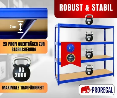Produktbild von Schwerlastregal DINO | HxBxT 180x180x60cm | 4 MDF-Platten-Ebenen 6,5 mm | Fachlast 500kg | Blau
