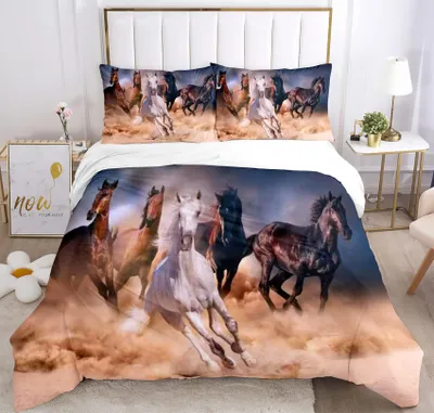 Zdjęcie produktu dla Omgoods - Komplet pościeli do łóżeczka dziecięcego z motywem koni, 135 x 200 cm