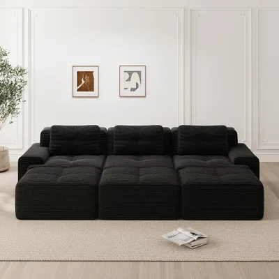 Immagine prodotto di Divano angolare modulare con funzione letto e 3 poggiapiedi, divano corduroy nero a 3 posti, design senza struttura, ideale per il soggiorno, dimensioni 293x177x69 cm