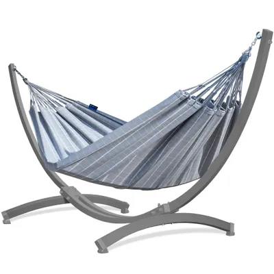 Produktbild von Potenza Outdoor Hängematte mit Tytan Gestell für 2 Personen I Baumwolle Catargo Doppelhängematte  220x160, 220kg I Grau Hängemattengestell 350kg, wetterfest