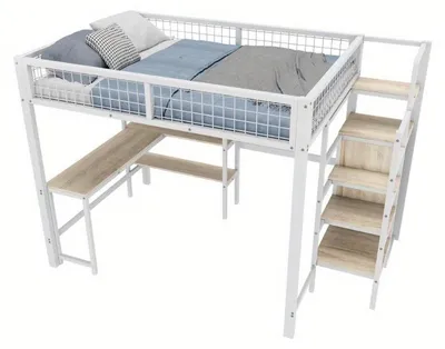 Zdjęcie produktu dla Metalowy łóżko piętrowe 140x200 cm – Biały stelaż łóżka z biurkiem, miejscem do przechowywania i drabiną – Solidna konstrukcja