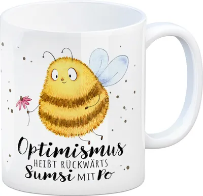 Produktbild von Pummel Biene Kaffeebecher mit Spruch Optimismus heißt rückwärts Sumsi mit Po