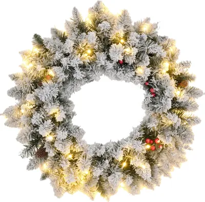 Image de HOMCOM Couronne de Noël porte givrée artificielle 60 CM décoration de Noël lumineuse avec pommes de pin et baies rouges, lumières LED et minuterie, pour porte, fenêtre ou cheminée, vert