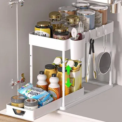 Immagine prodotto di Scaffale da cucina a 2 ripiani, con 4 ganci e 1 vasetto, regolabile, bianco, in metallo.
