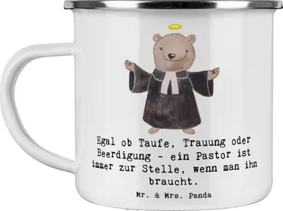 Produktbild von Mr. & Mrs. Panda Teebecher Pastor Begleiter - Weiß - Geschenk, Taufe, Geschenke für Berufstätige, Campingtasse, Teetasse, Berufe, geistliche Begleitung, Blechtasse, Pott