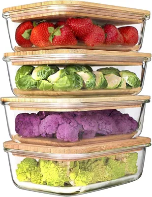 Imagen del producto de Conjunto de 4 recipientes de vidrio con tapa de madera, recipientes de vidrio para almacenamiento con tapa, ideales para alimentos, aptos para horno, congelador y microondas, capacidad total de 1000 ml