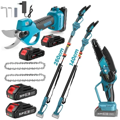 Produktbild von 2-in-1 Gartenwerkzeug Set - Teleskop Astsäge und Astschere - Reichweite 2,5 m - 15 cm Elektrokettensäge - 25 mm Schnittstärke - Kabellos 21V Akku inklusive