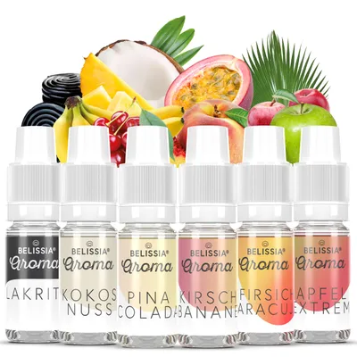 Produktbild von Belissia Lebensmittelaroma Set Exotisch - 6x10ml Hochdosiertes Aroma - Kalorienfrei, Vegan - Für Speisen, Getränke, Shake, Quark, Nebelmaschine uvm.