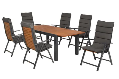 Obrázek produktu pro Merxx Zahradní nábytek Santorin 13dílný, 6 skládacích křesel, 6 polštářů, rozkládací stůl 150 (200) x 90 cm – hliník/akácie
