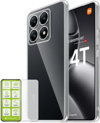 Immagine prodotto di Custodia protettiva in silicone e TPU per Xiaomi 14T, ultra sottile, trasparente + vetro temperato H9