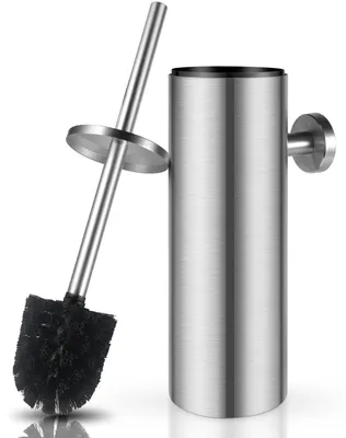 Produktbild von WC-Bürste aus Edelstahl, wandmontiert und freistehend, mit spritzwassergeschütztem Deckel, WC-Bürstenhalter mit Auffangschale, Langstielbürste für das Badezimmer, 8,8 x 8,8 x 39 mm, silberfarben